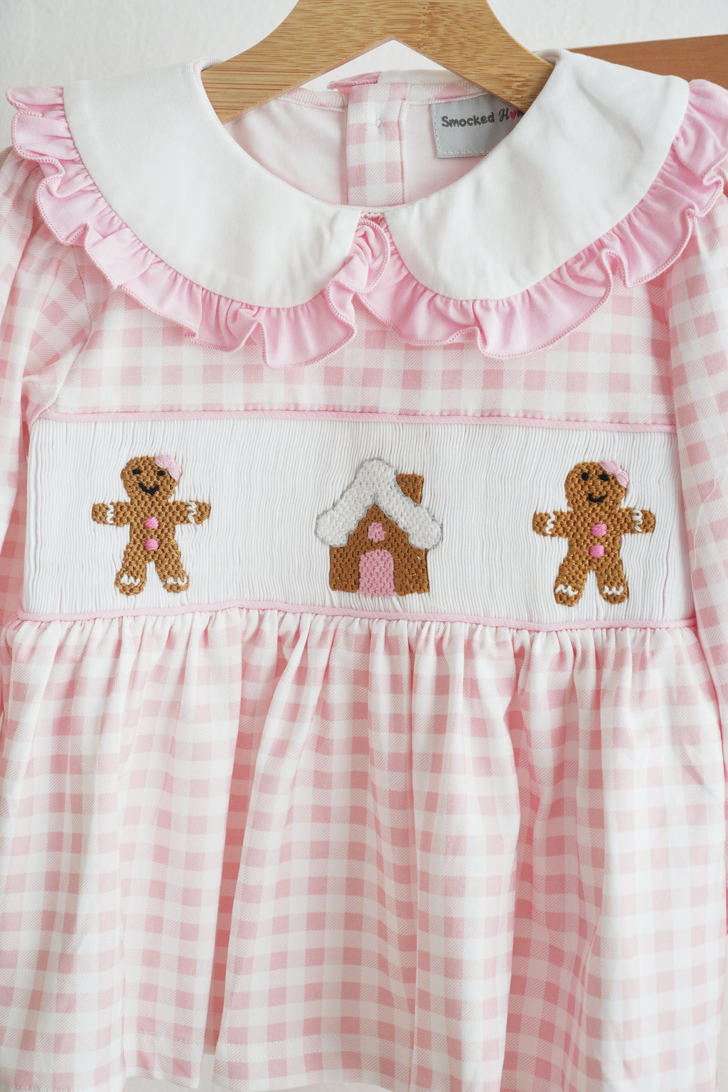 Pink gingerbread hand smocked gingham ruffle pants set
