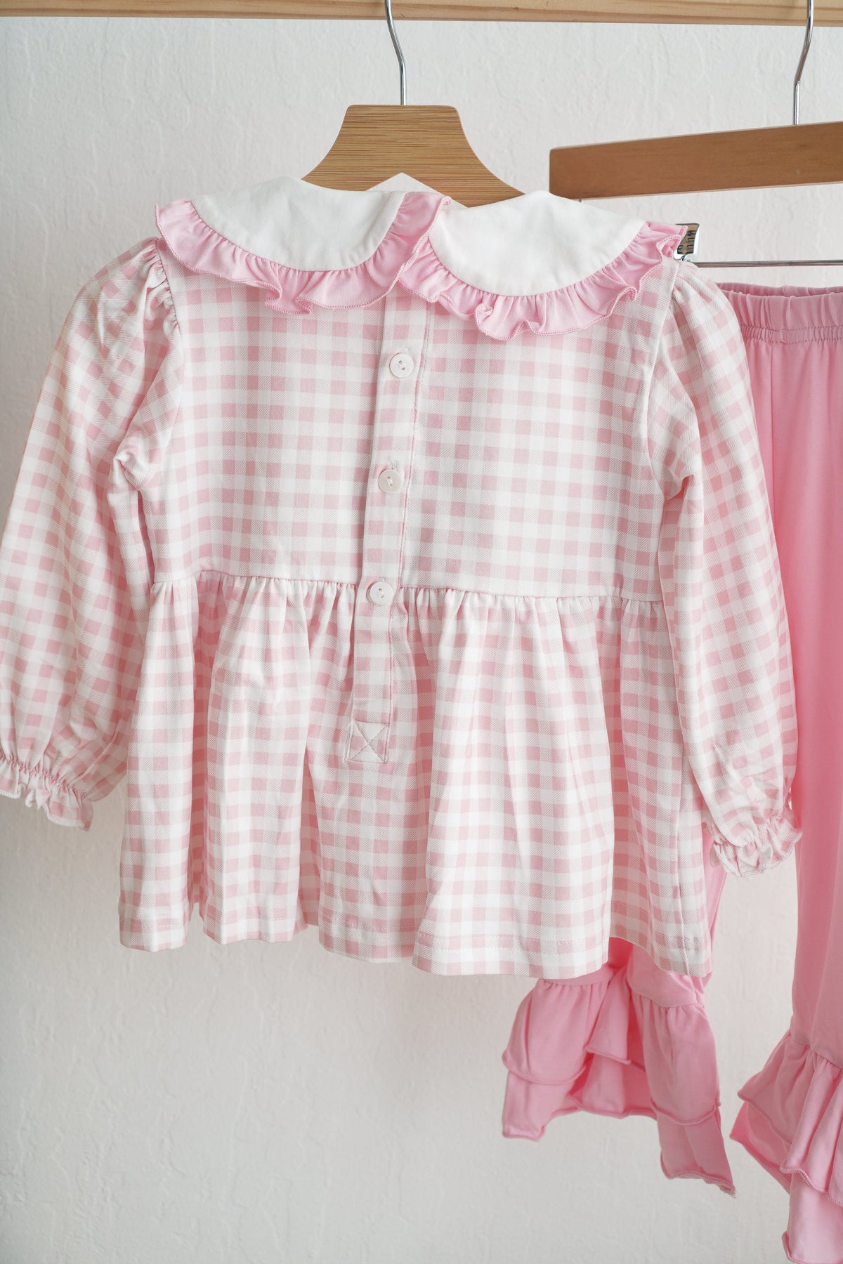 Pink gingerbread hand smocked gingham ruffle pants set