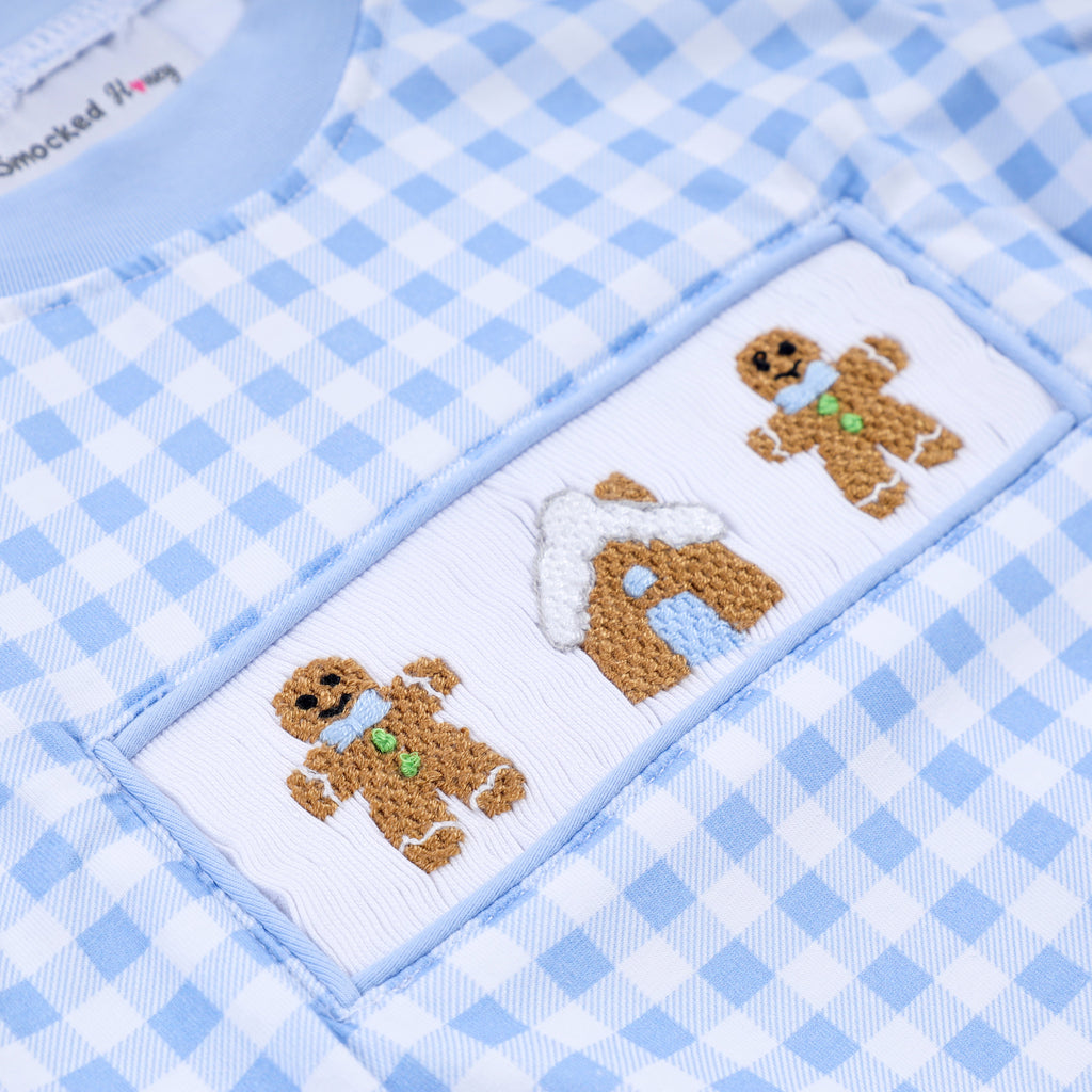 Blue gingerbread hand smocked gingham romper