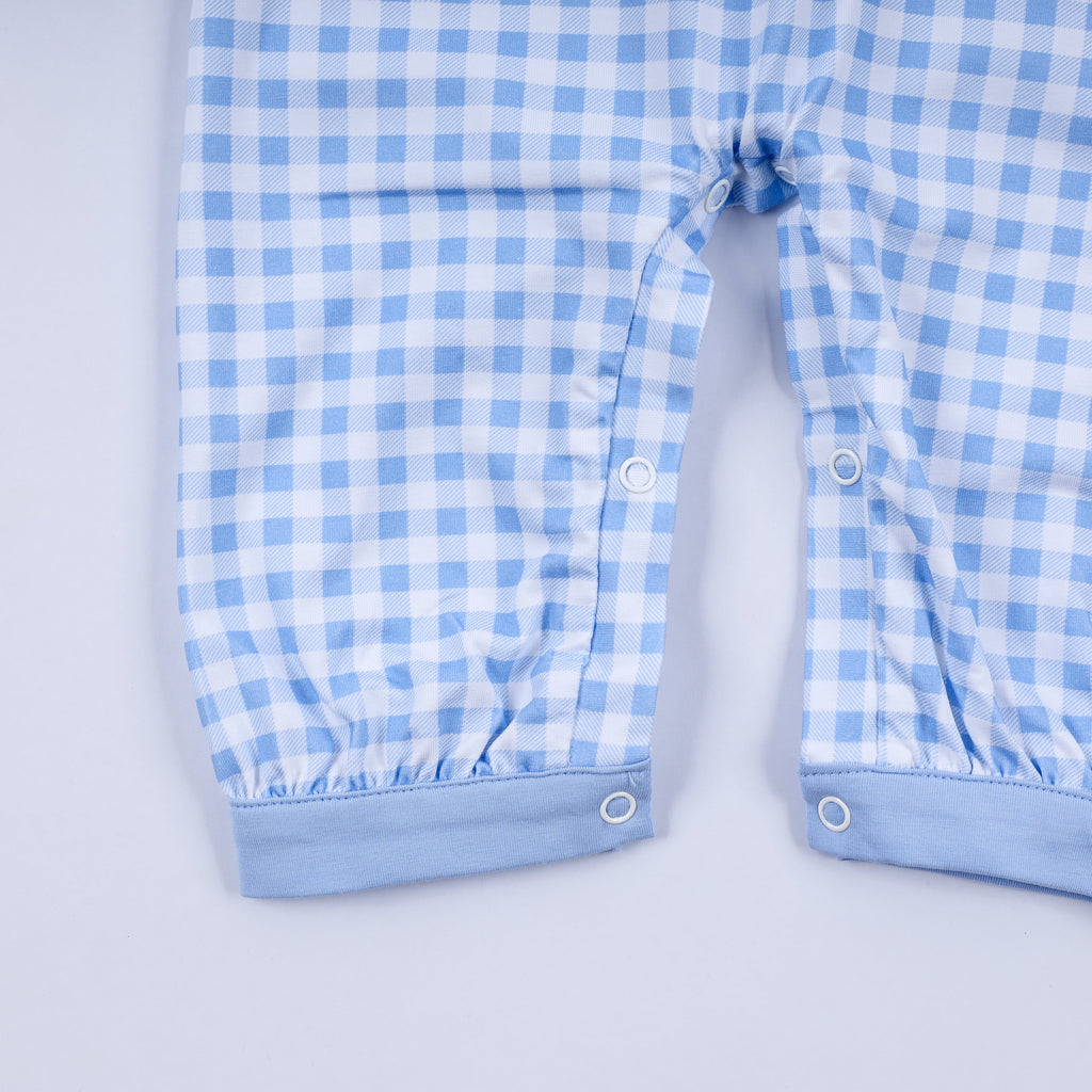 Blue gingerbread hand smocked gingham romper