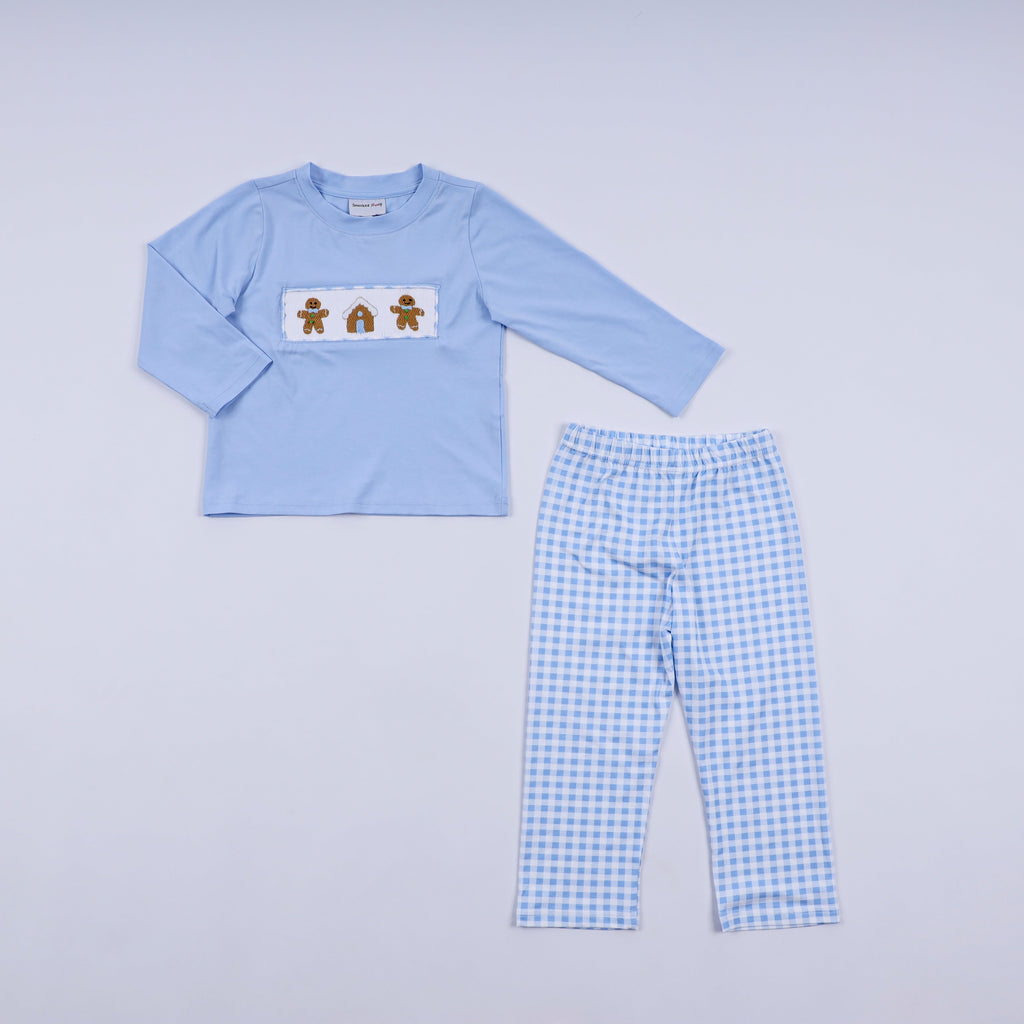 Blue gingerbread hand smocked gingham pants set