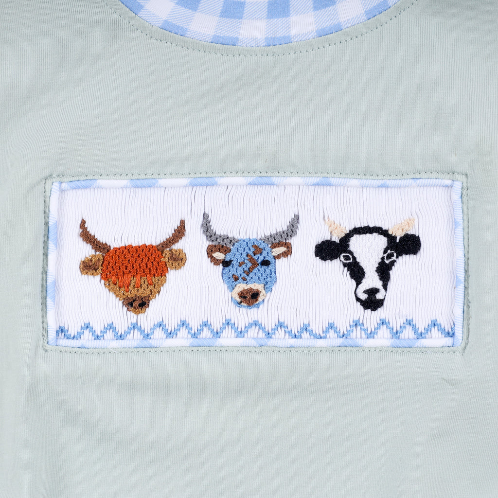 Sage cow hand smocked bubble