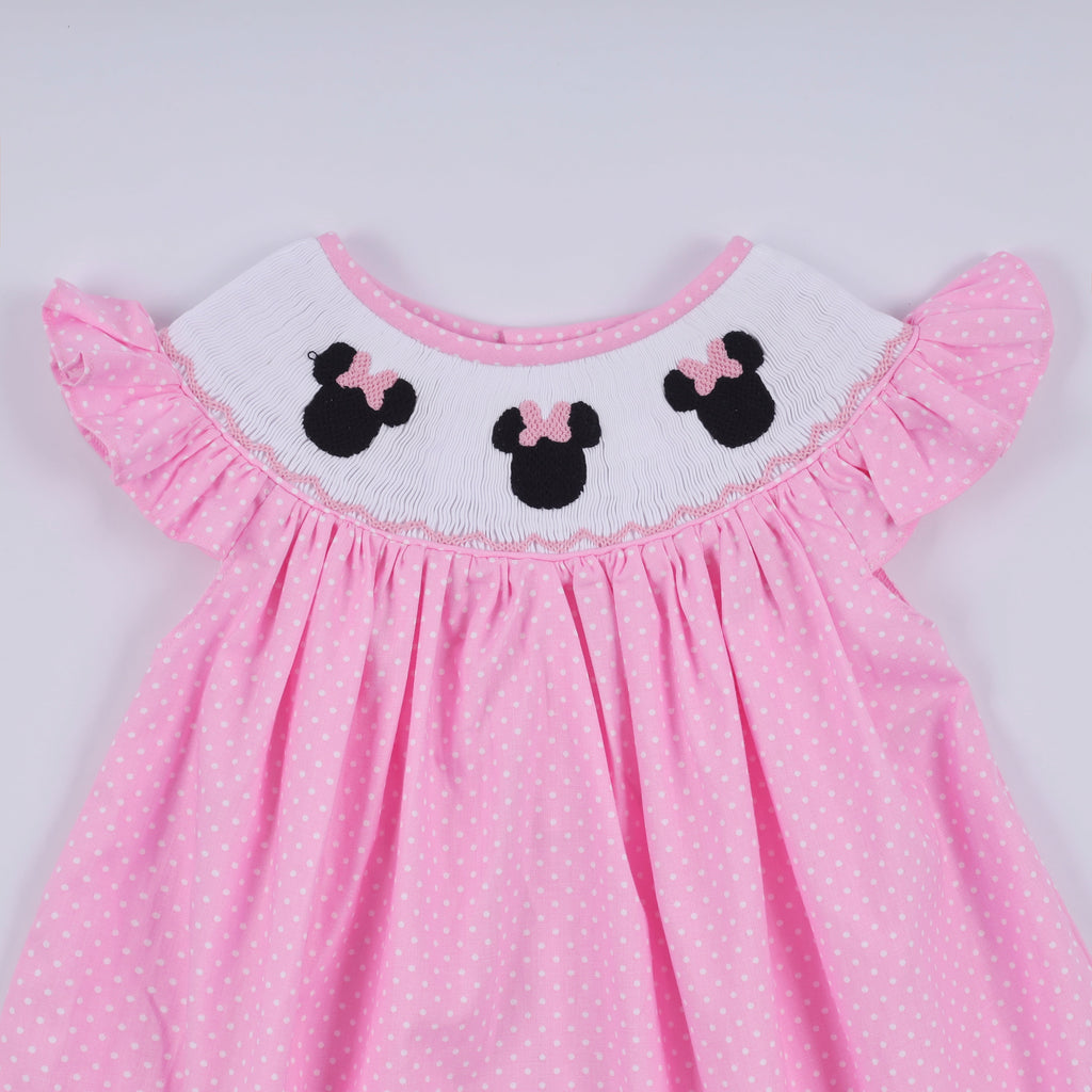 Pink character hand smocked dot ruffle dress