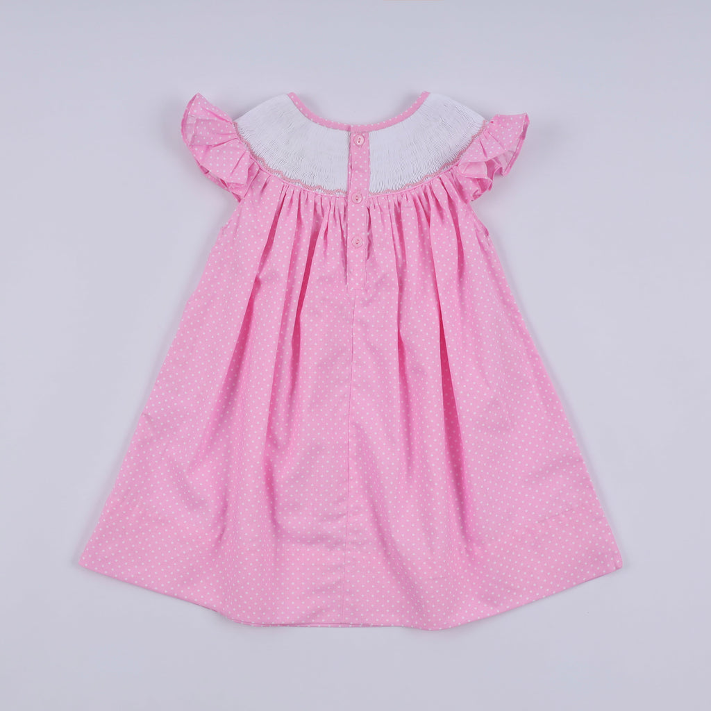 Pink character hand smocked dot ruffle dress