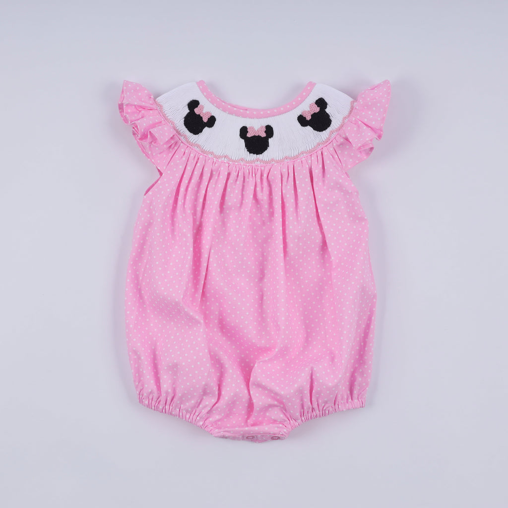 Pink character hand smocked dot ruffle bubble