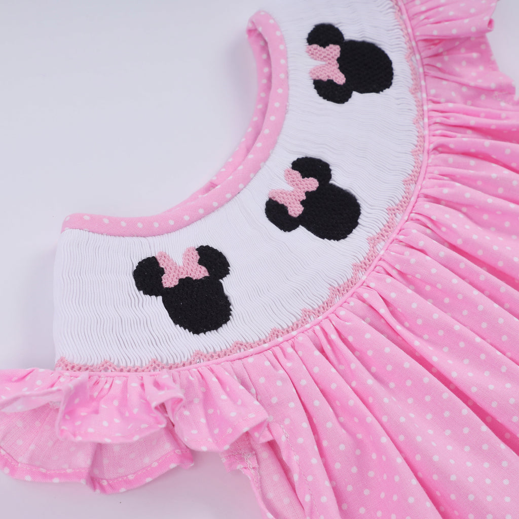 Pink character hand smocked dot ruffle pants set