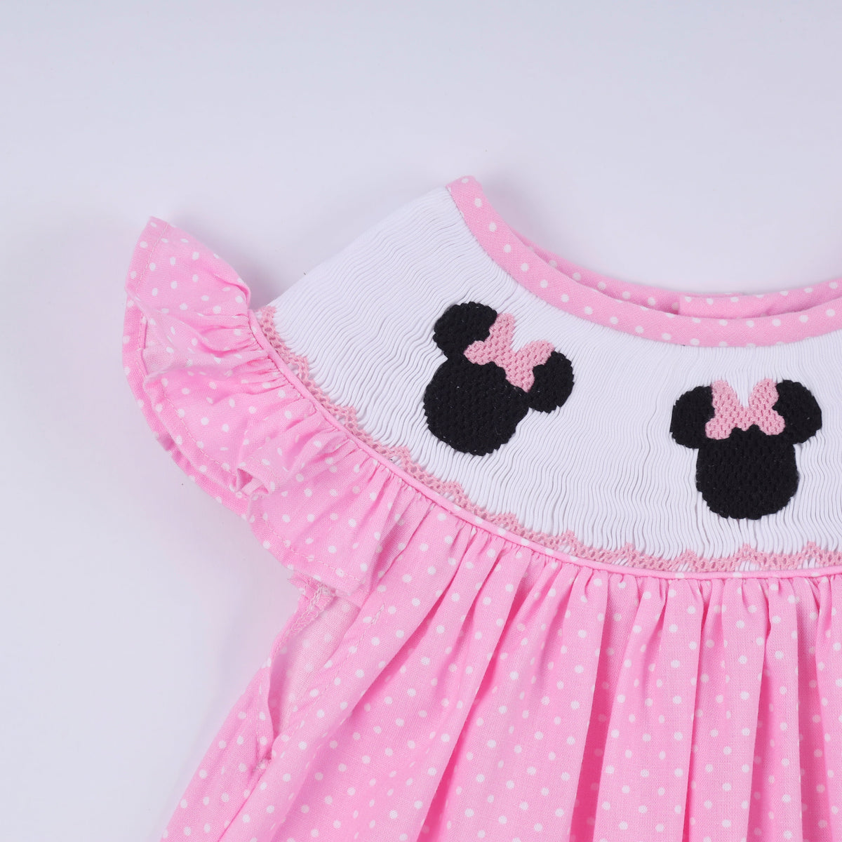 Pink character hand smocked dot ruffle pants set