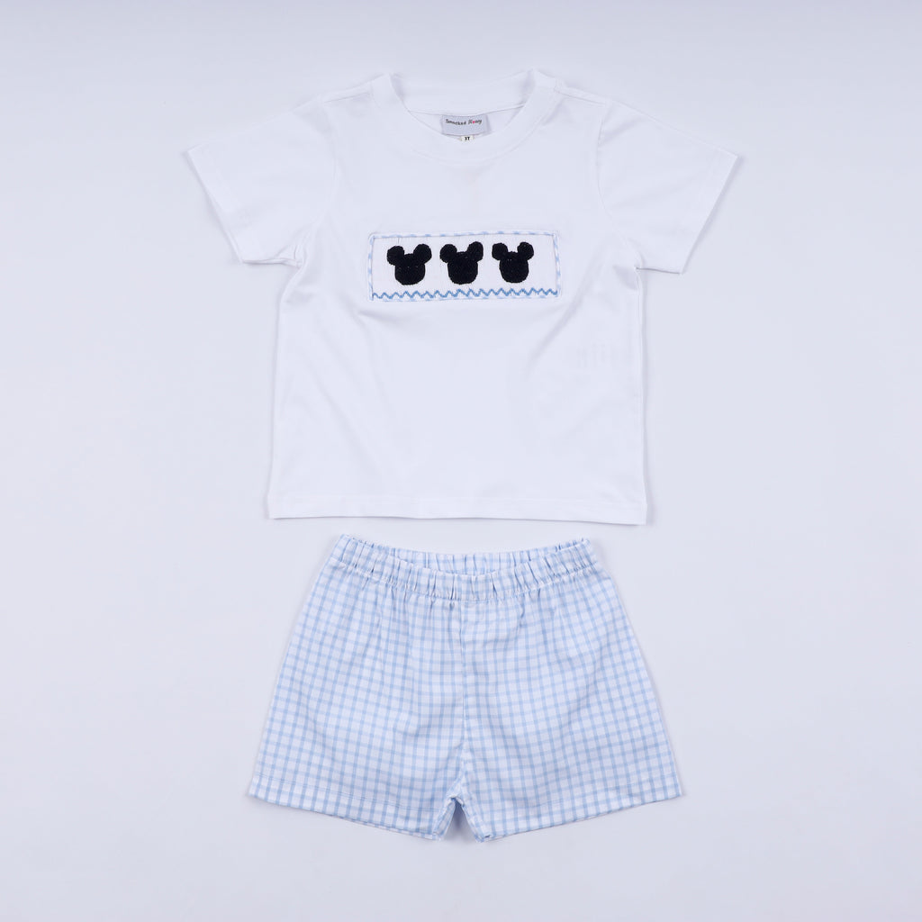 Blue character hand smocked gingham shorts set