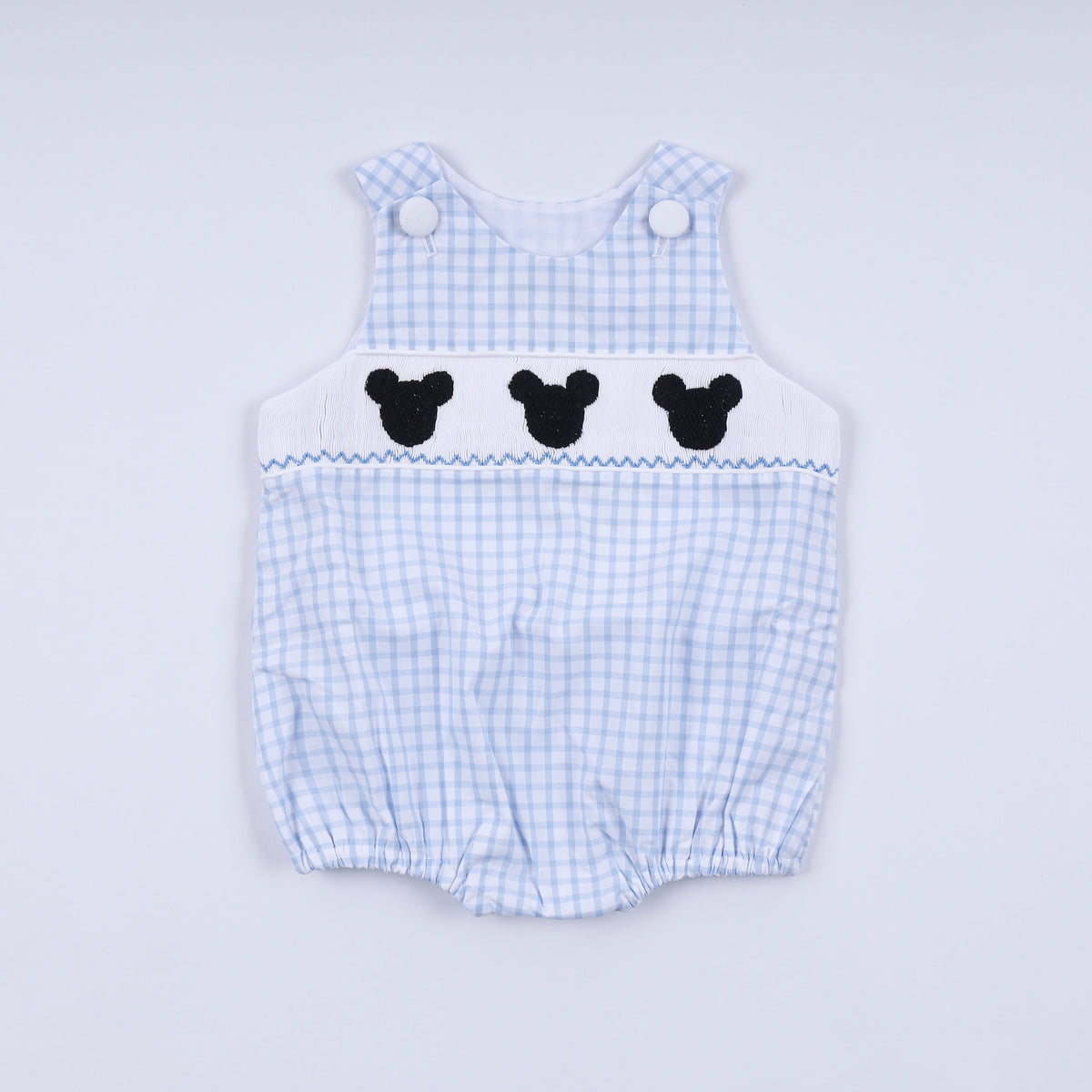 Blue character hand smocked gingham bubble