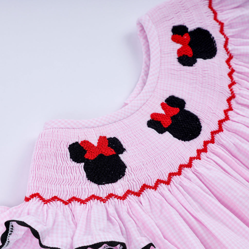 Red character hand smocked plaid ruffle dress