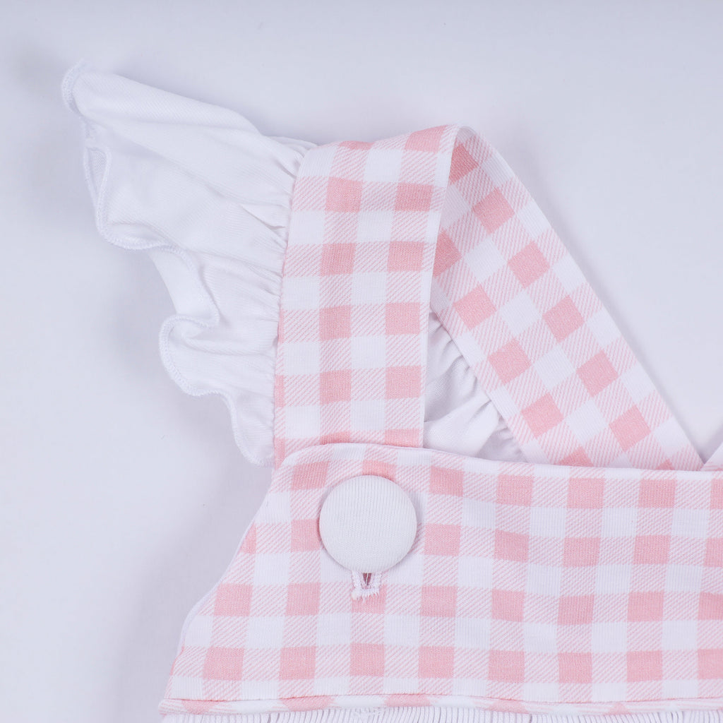 Pink character hand smocked gingham ruffle dress