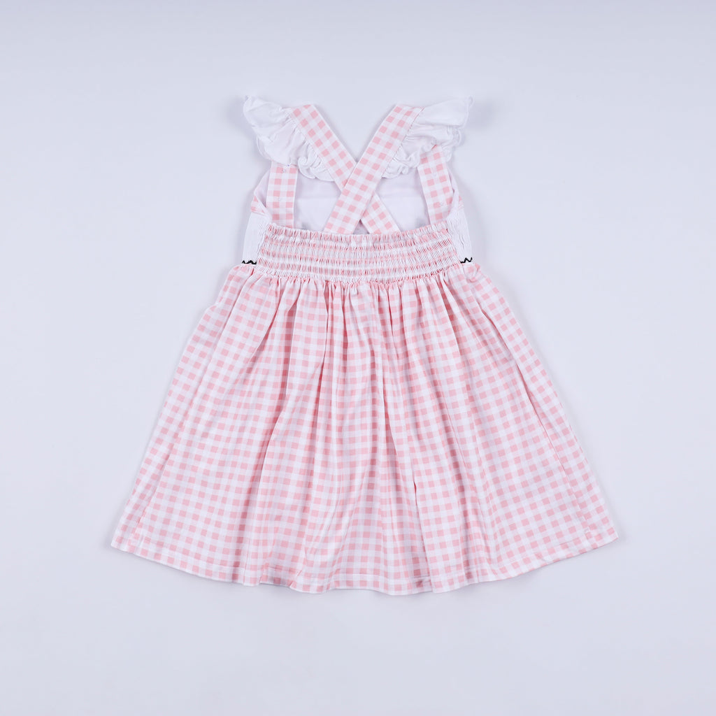 Pink character hand smocked gingham ruffle dress