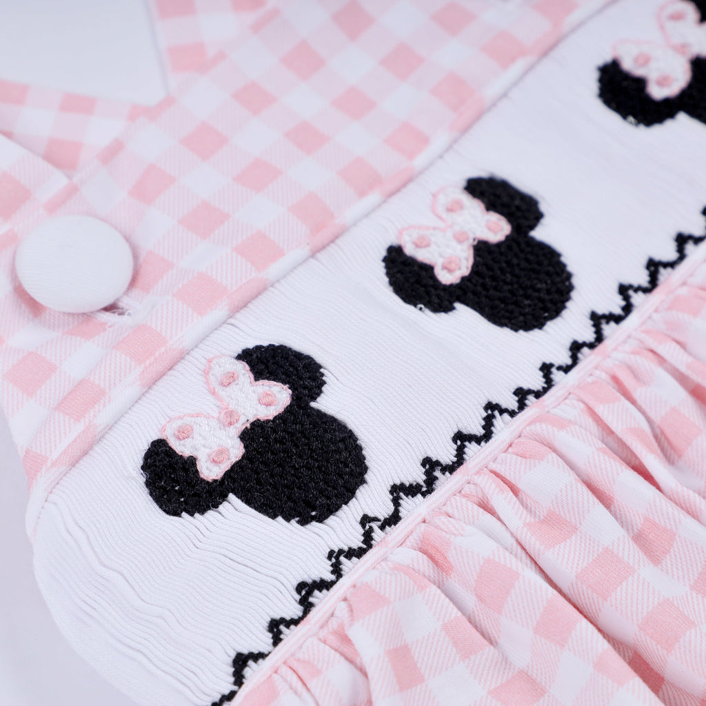 Pink character hand smocked gingham ruffle bubble