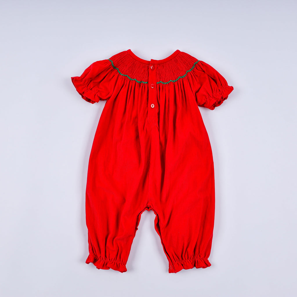 Red christmas tree hand smocked romper