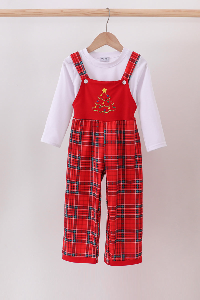 Red tree embroidery plaid jumpsuit set