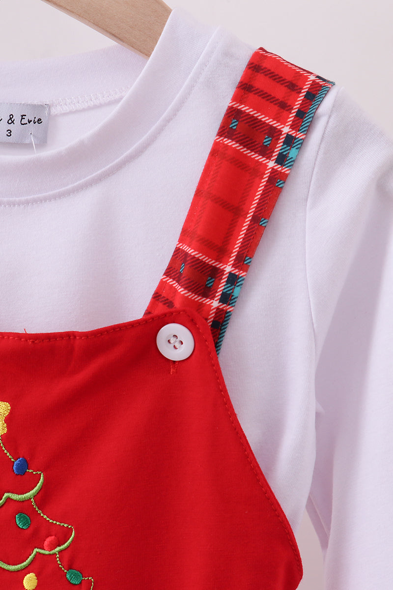 Red tree embroidery plaid jumpsuit set