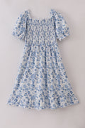 Blue smocked floral print mom dress