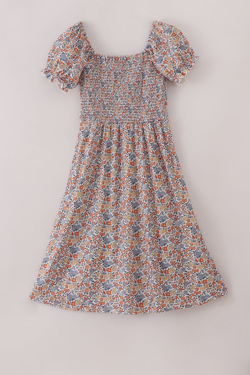 Fall floral print smocked mom dress
