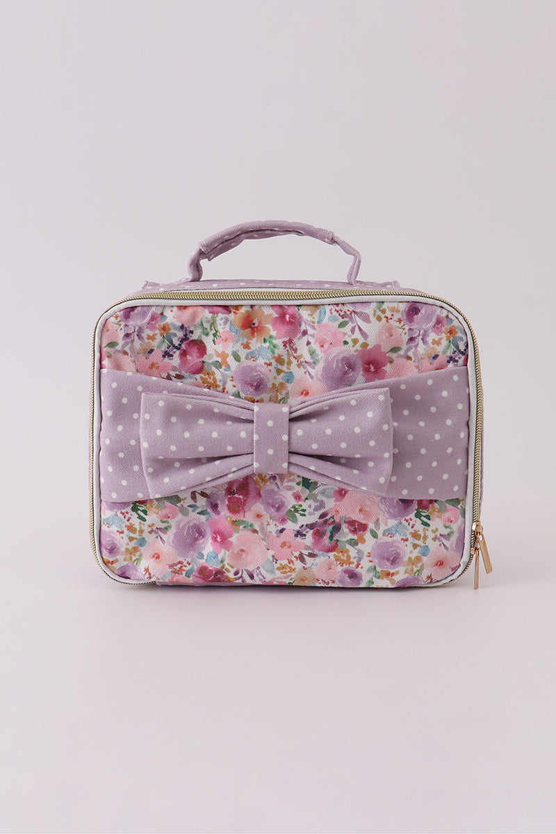 Purple floral print canvas bow lunch bag