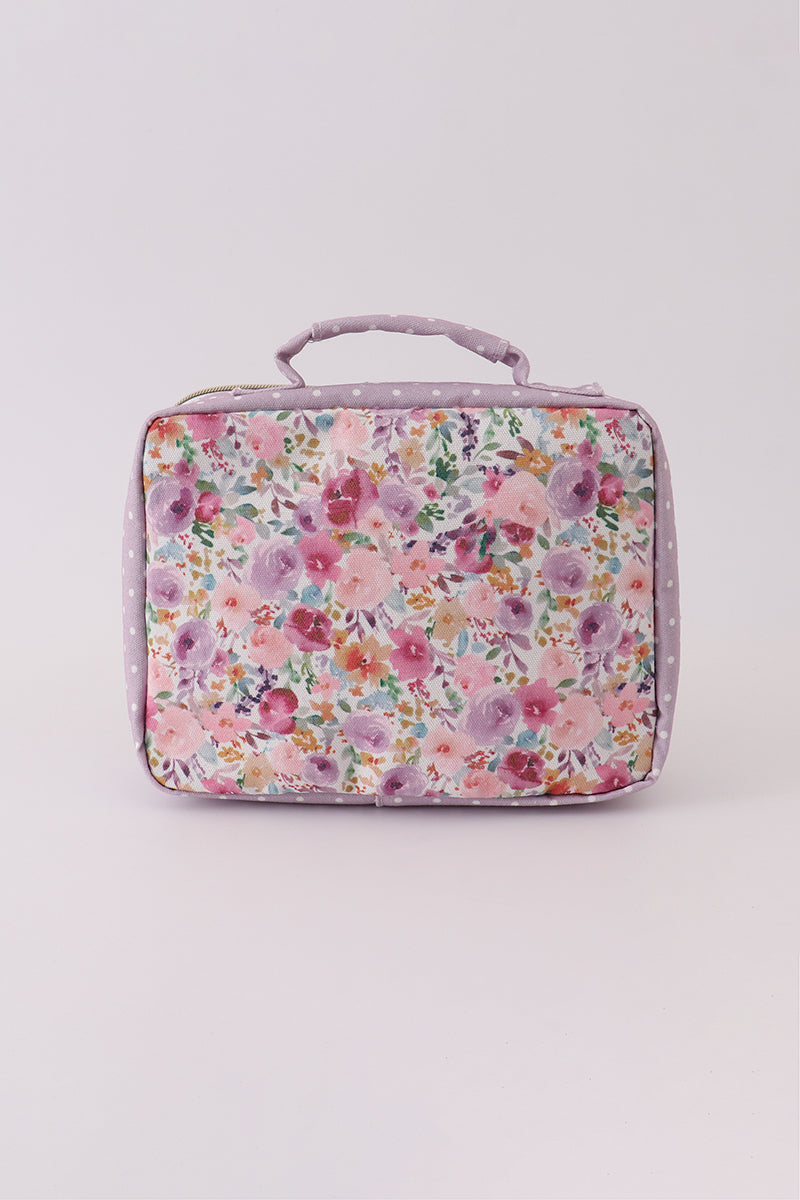Purple floral print canvas bow lunch bag