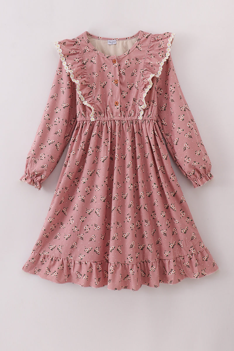 Floral corduroy lace ruffle mom dress