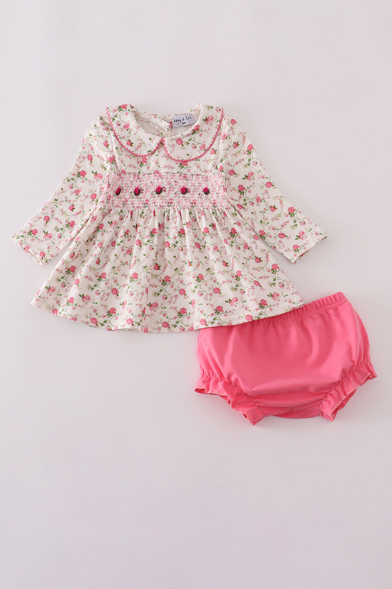 Pink rose hand smocked bloomer set