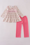 Pink rose hand smocked pants set