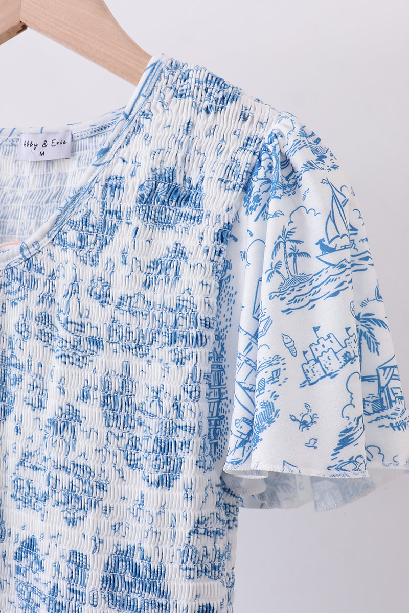 Blue beach sea smocked women dress