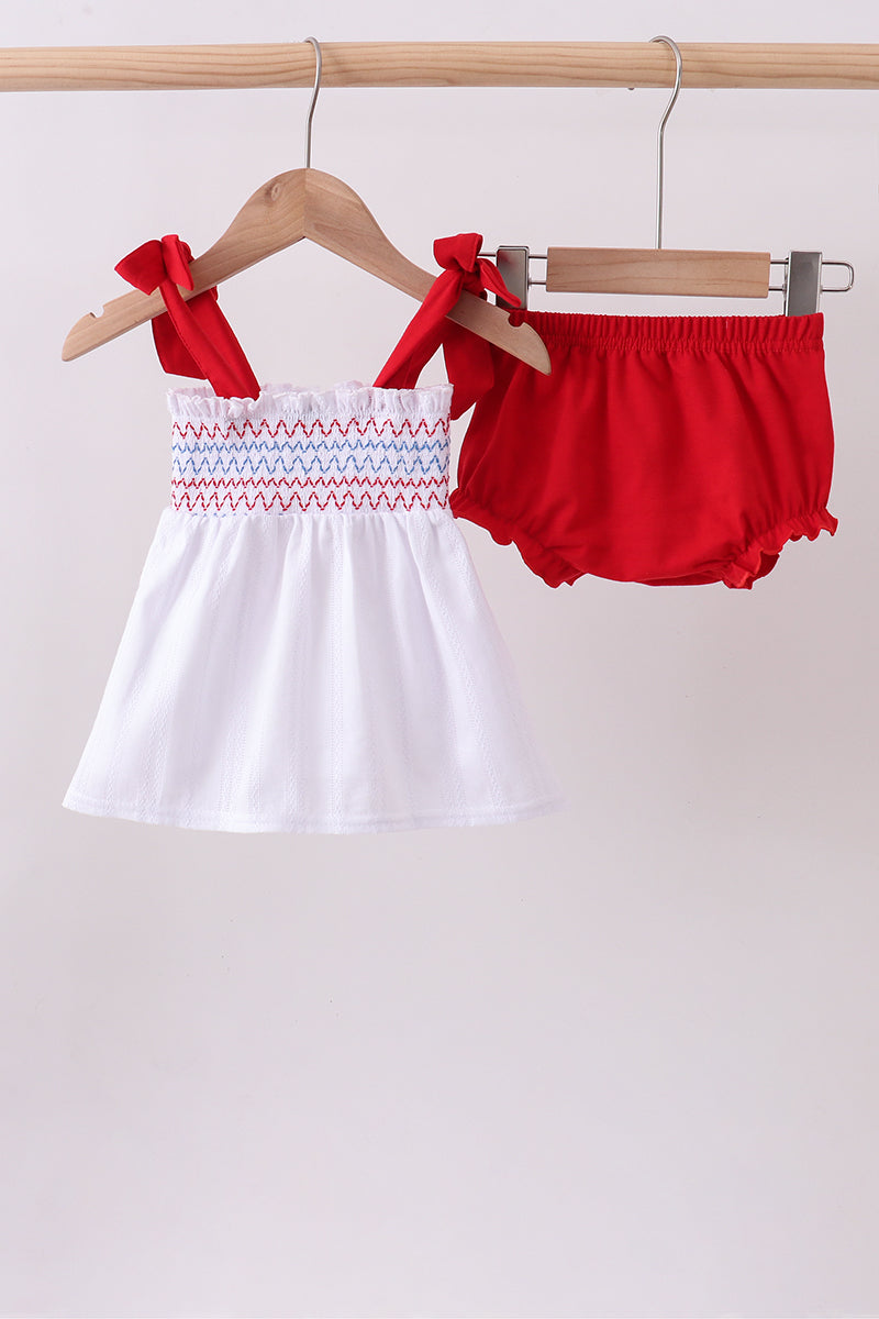 White smocked jacquard bloomer set