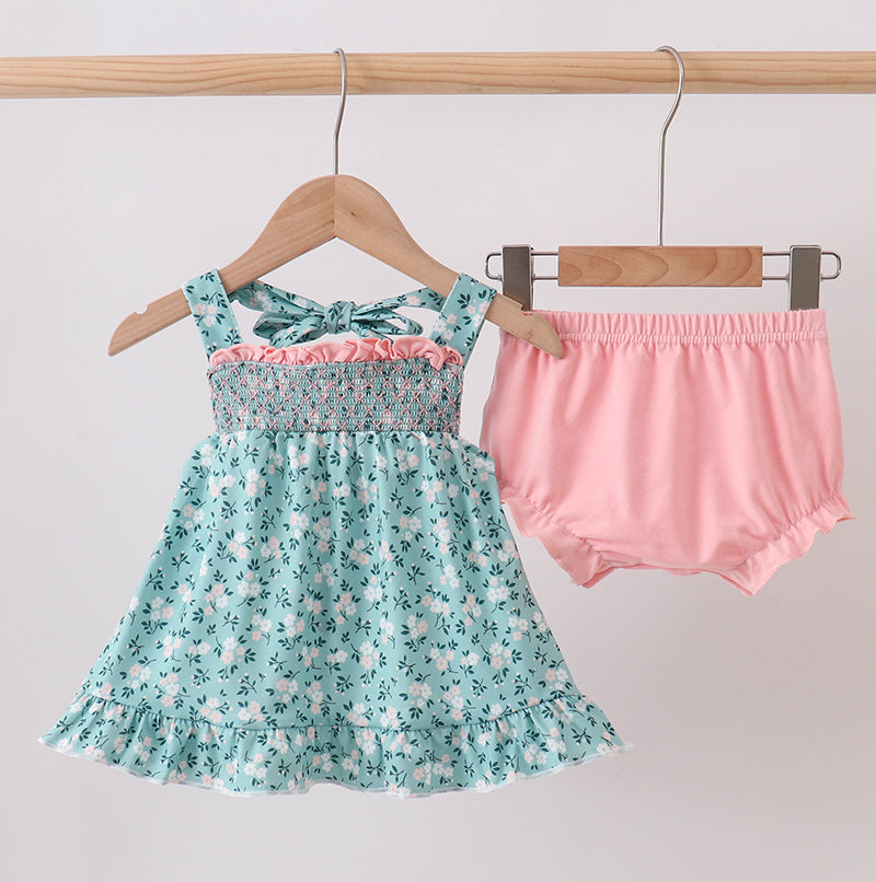 Green Floral Smocked Ruffle Bloomer Set