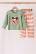 Sage Reindeer Applique Stripe Pants Set