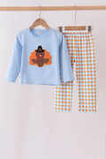 Blue Turkey Applique Gingham Pants Set