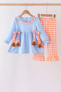 Blue Turkey Applique Gingham Ruffle Pants Set