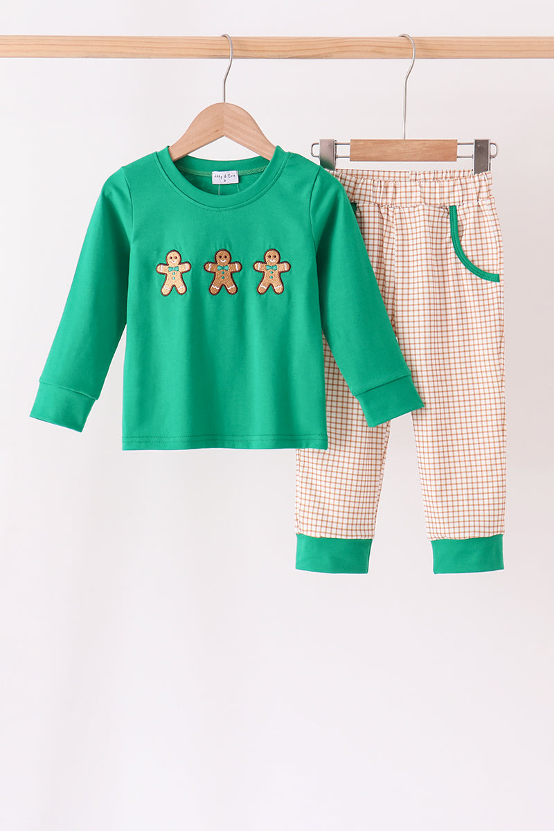 Green Gingerbread Embroidery Gingham Pants Set