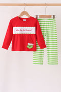 Green Grinch Applique Stripe Pants Set