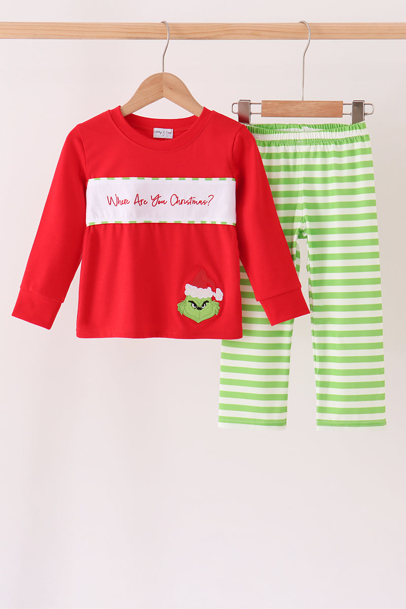 Green Grinch Applique Stripe Pants Set