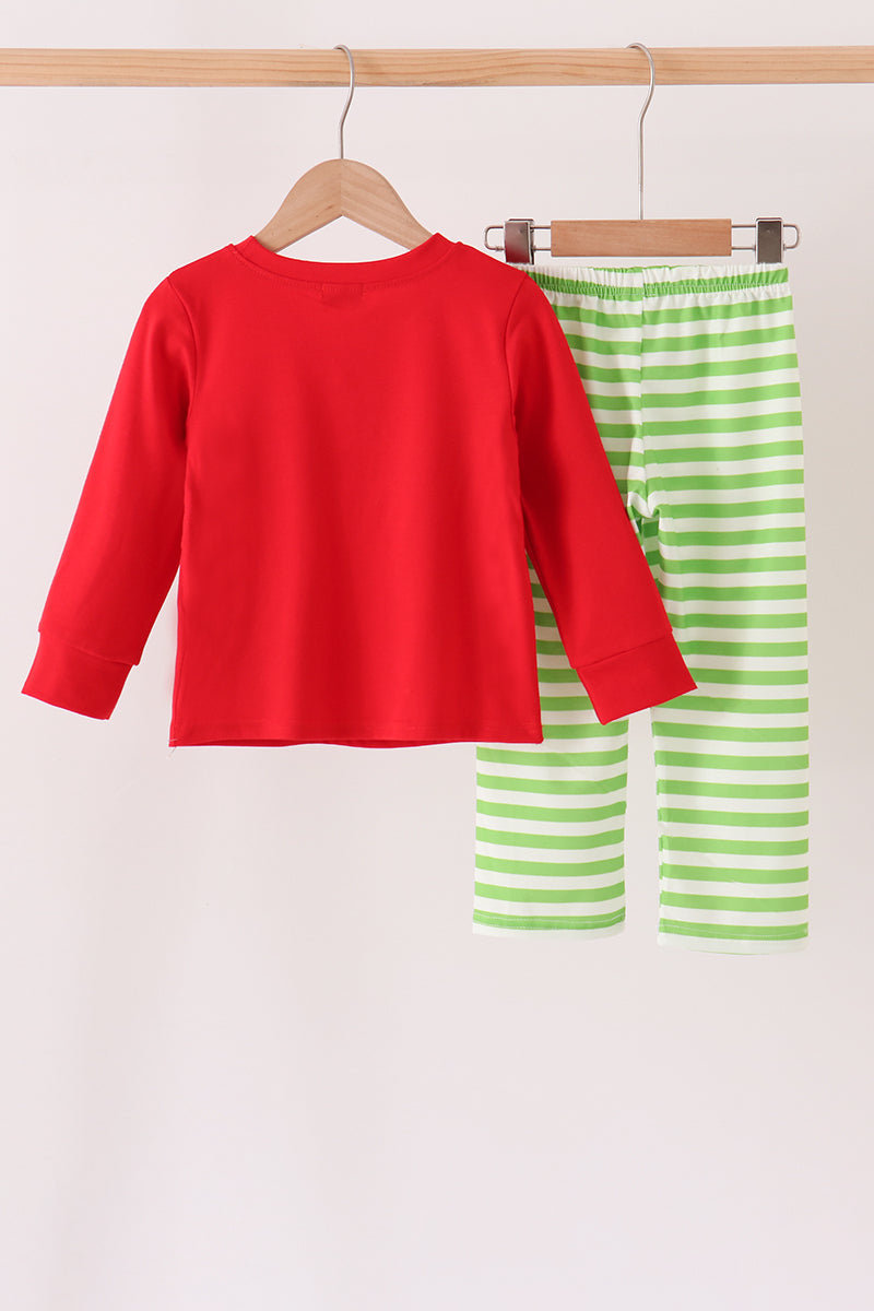 Green Grinch Applique Stripe Pants Set