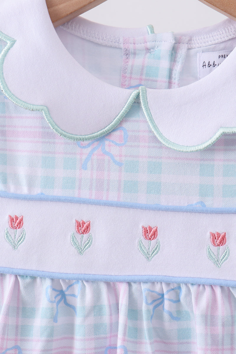Blue plaid bow floral pants set