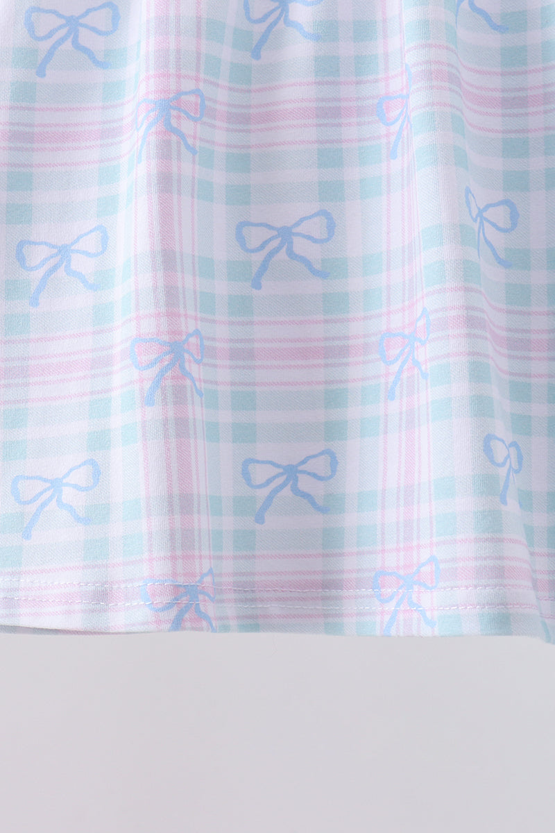 Blue plaid bow floral pants set