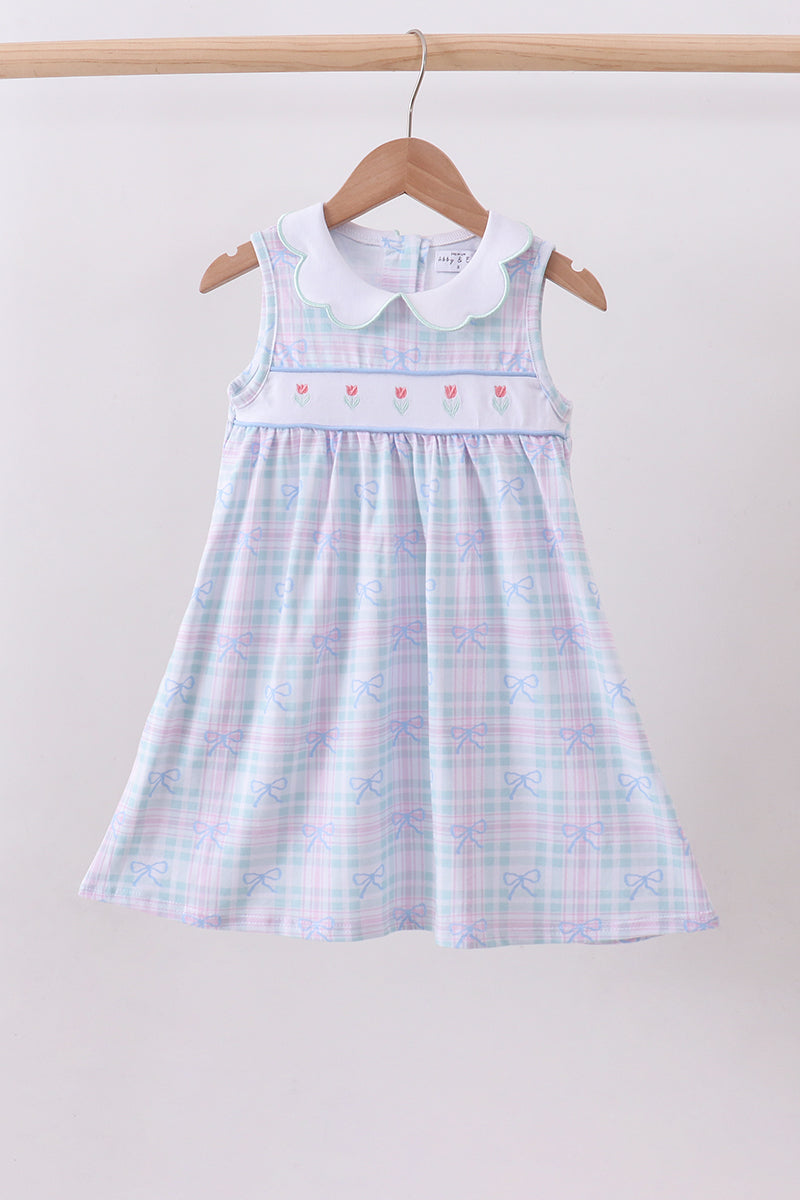 Blue plaid bow floral dress