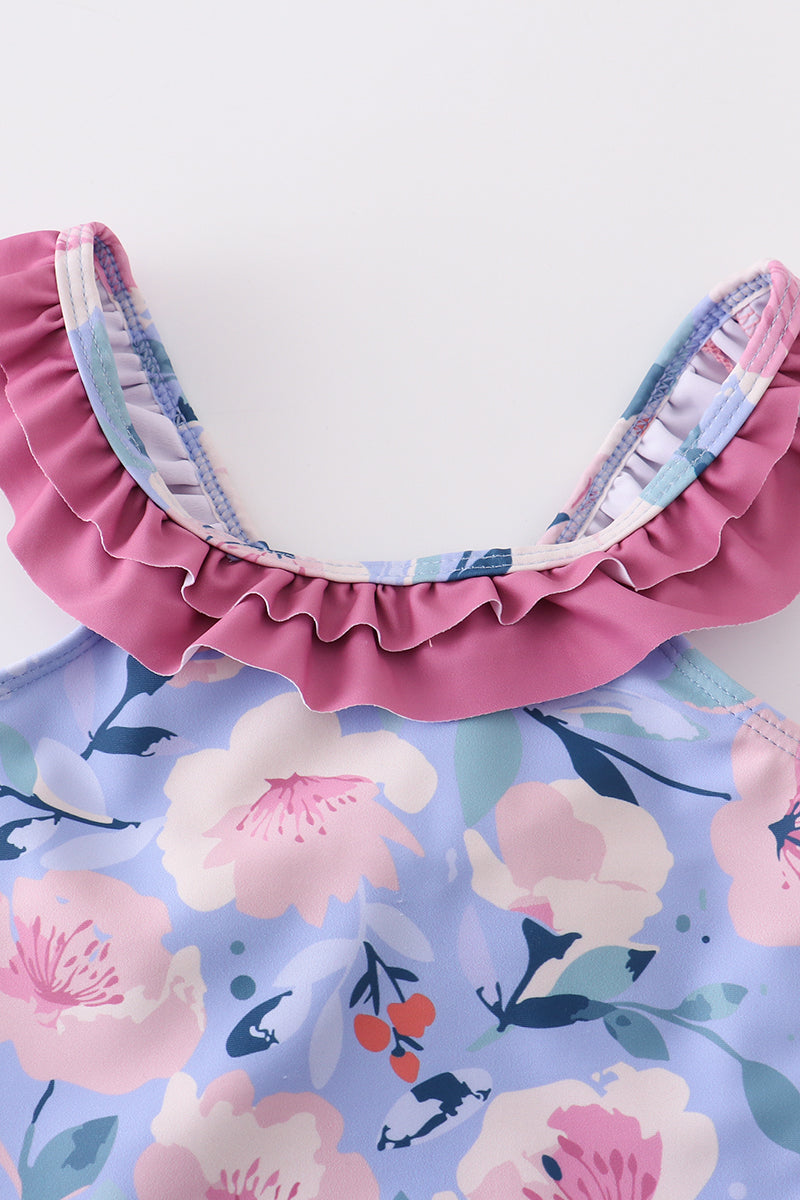 Floral pint ruffle girl swimsuit