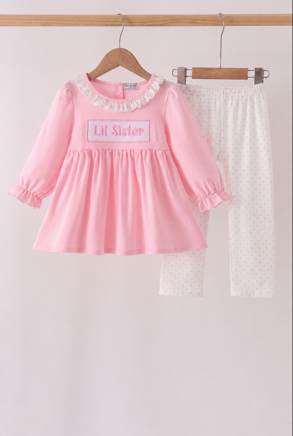 Pink Lil sister embroidery ruffle pants set