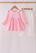 Pink Lil sister embroidery ruffle pants set